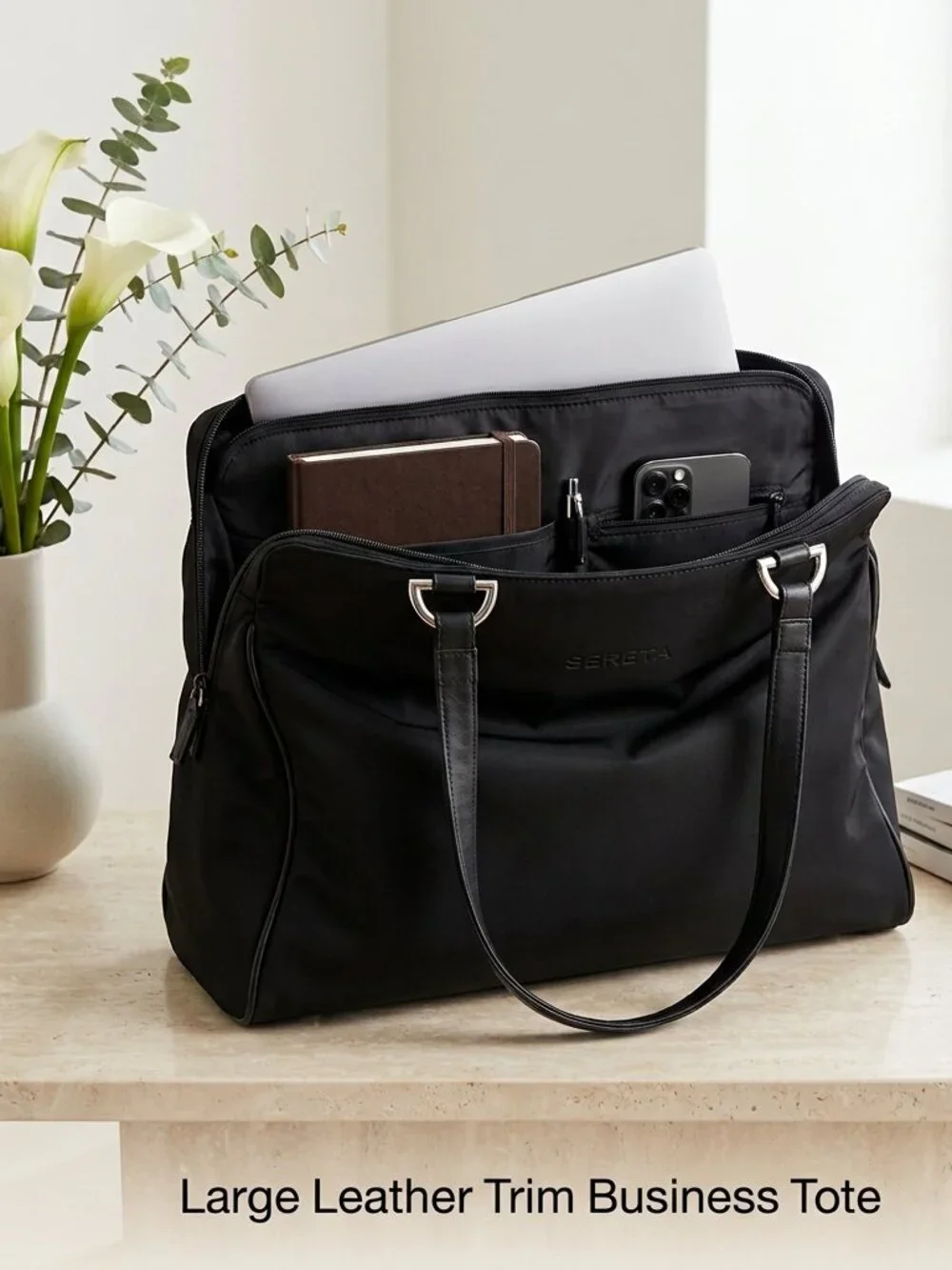 NWOT Sereta Large Shoulder Bag Leather Trim Laptop Multi Layers & Pockets Preppy